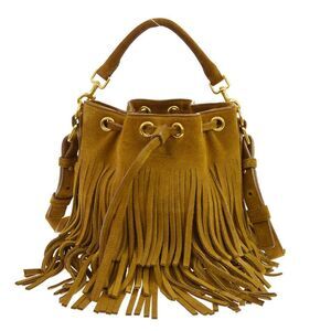 Saint Laurent Fringe Emmanuelle Bucket Suede Brown Suede Handbag
